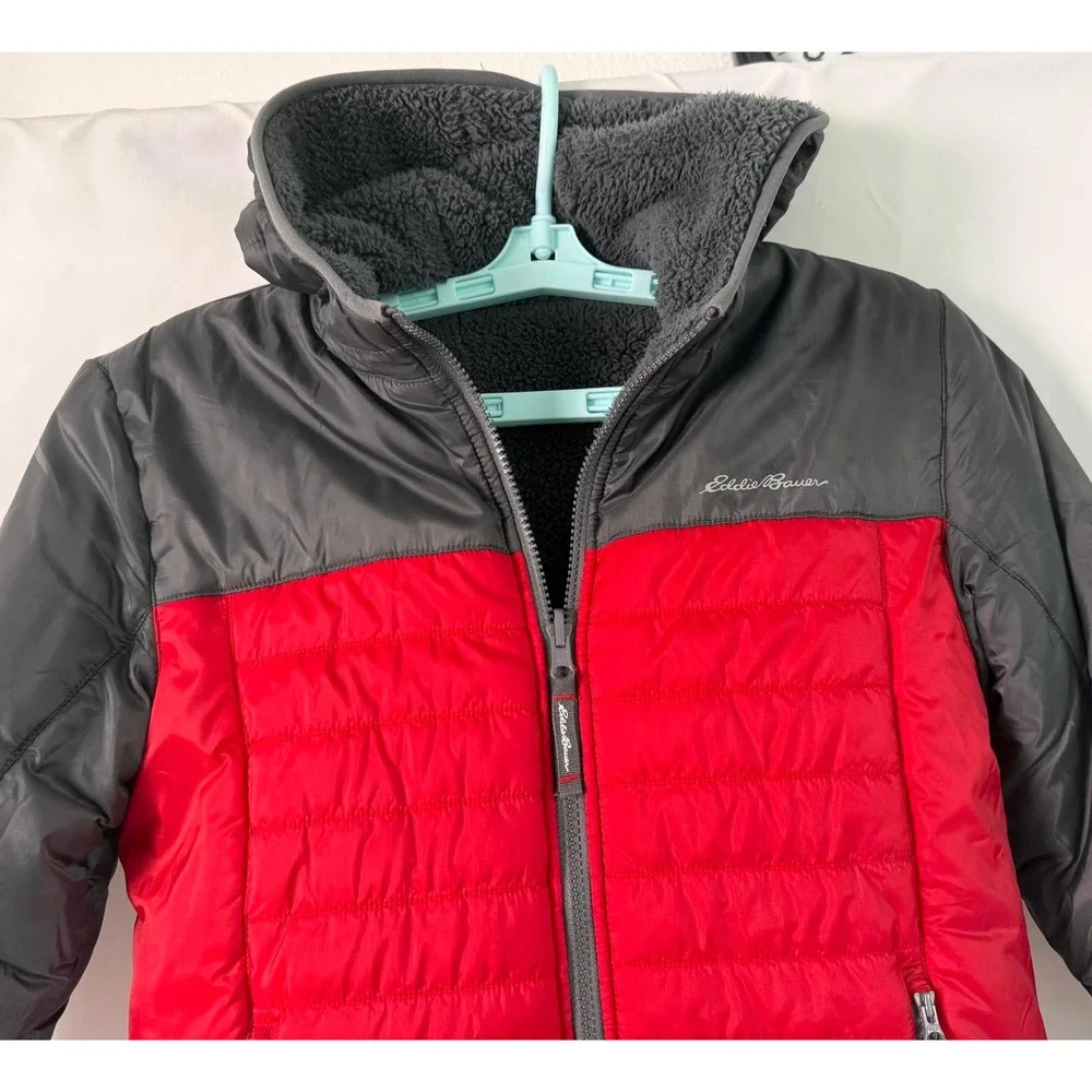 Eddie Bauer Kids Jacket Size M 10/12 Red Hooded Down Puffer Coat Reversible
